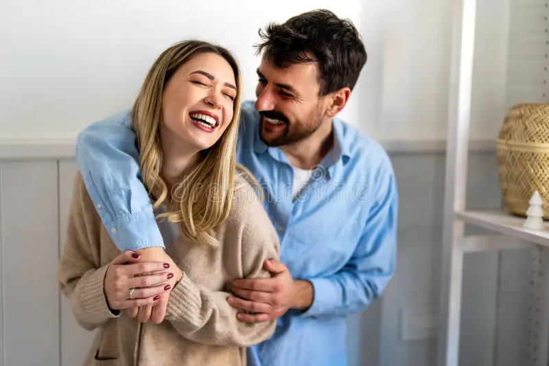 happy couple smiling enjoying loving relationship home expressing joy shared happiness affection emotional connection 424862858