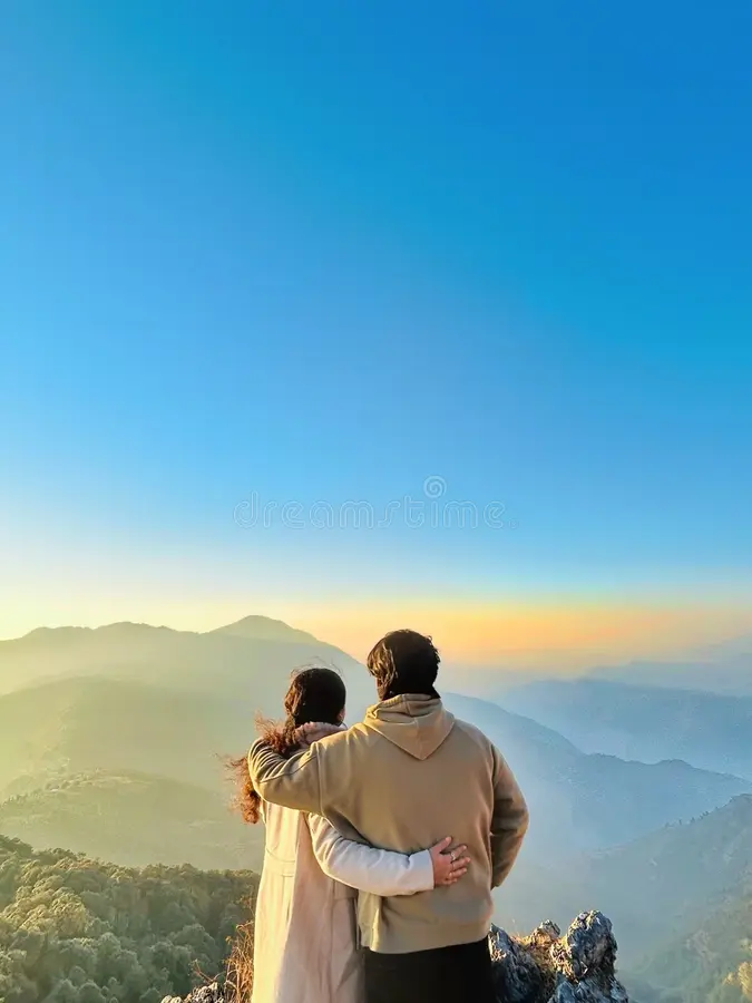 romantic couple enjoying mountain sunset copy space sky back view scenic large concept travel marketing romance 442892760