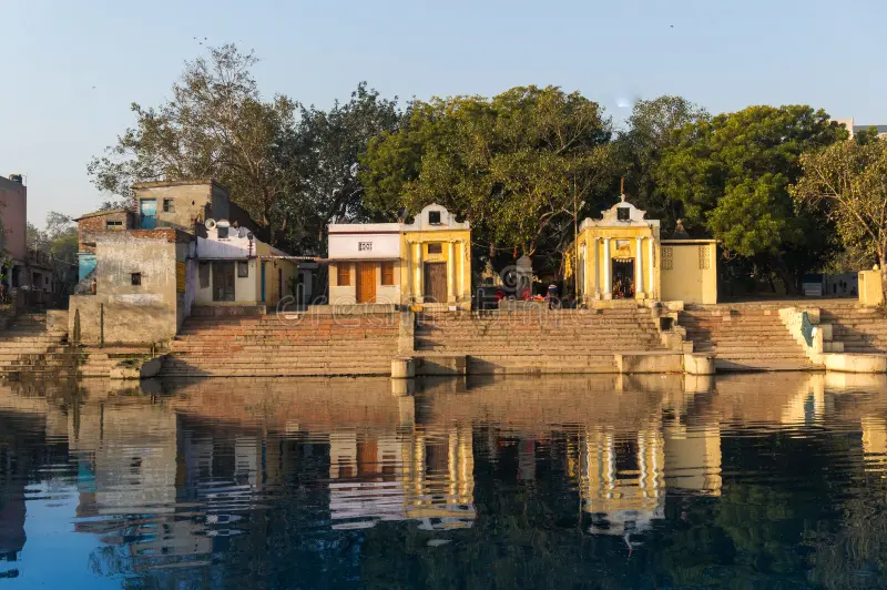 yellow temples hindu buildings yamuna ghat bank delhi india circa near kashmiri gate popular tourist place 148691320